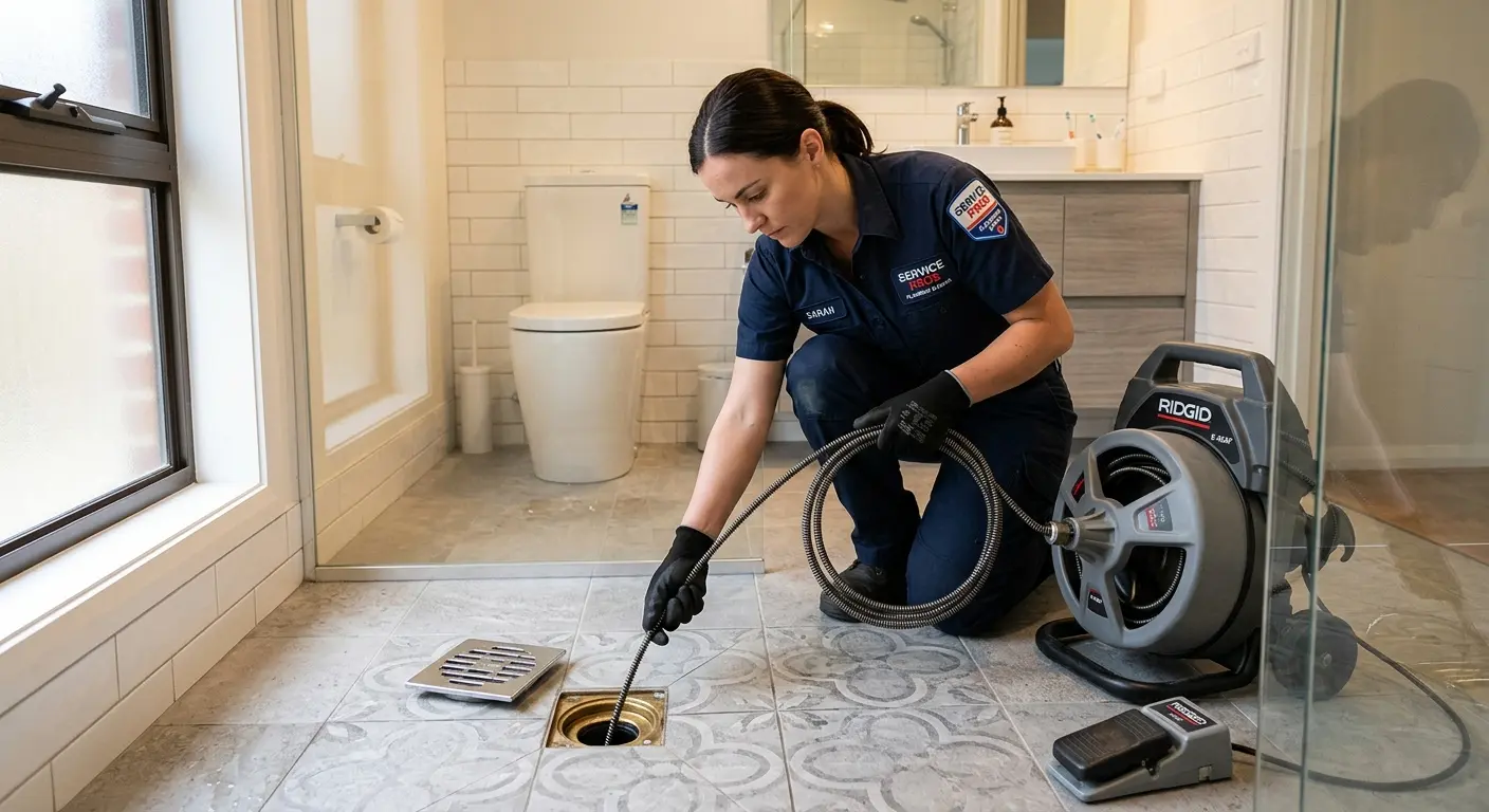Technician clearing a bathroom floor drain for Drain Repair in Boulder Hill